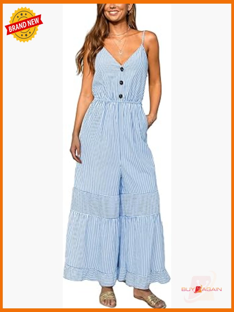 Striped V-Neck Sleeveless Flared Jumpsuit With Pockets Summer Vacation